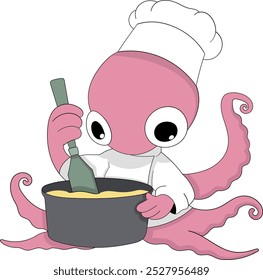 A whimsical cartoon illustration of a pink octopus chef wearing a white chef's hat and coat, skillfully stirring a pot of food with a spatula