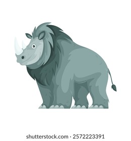 Whimsical cartoon illustration of a rhinoceros with exaggerated shaggy fur, two large horns, and a playful design on a white background. Cartoon Rhino with Shaggy Fur Illustration