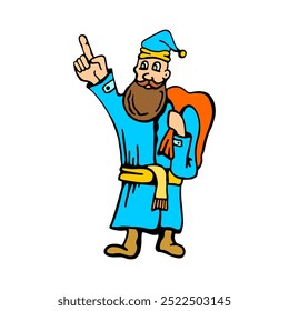 A whimsical cartoon illustration of Saint Nicholas, dressed in a blue robe with a yellow belt, a red backpack, and a pointed ha