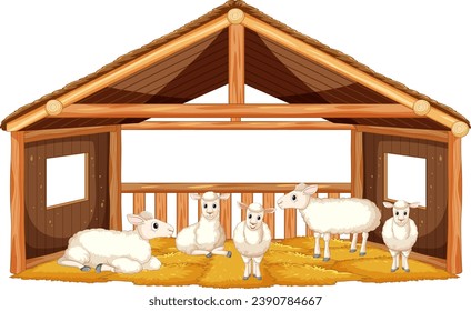 A whimsical cartoon illustration of sheep in a cozy barn stall