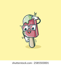 A whimsical cartoon illustration of a smiling ice cream popsicle wearing glasses and adjusting its melting topping.