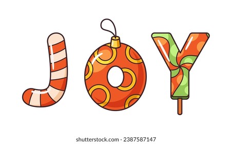 Whimsical Cartoon Joy Word Typography, Adorned With Festive Colors And Ornaments, Exudes The Holiday Spirit