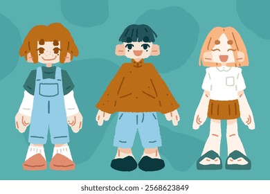 Whimsical Cartoon Kids. Three stylized cartoon children wearing casual outfits in a whimsical pastel style. Perfect for kids’ products, marketing, or playful designs.
