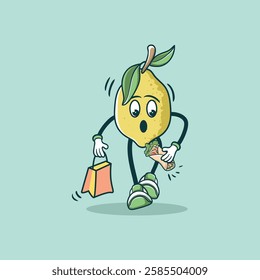 A whimsical cartoon lemon character is surprised while shopping and carrying a shawarma wrap.