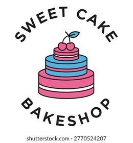 Whimsical cartoon logo design featuring a tiered cake with cherries and text for a sweet cake bakeshop icon