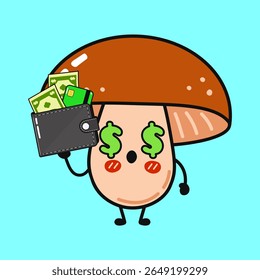 A whimsical cartoon mushroom with dollar sign eyes holds a wallet brimming with cash and a credit card, set against a vibrant blue backdrop.