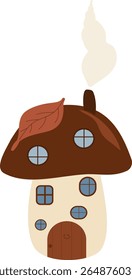 Whimsical cartoon mushroom house illustration with an autumn leaf on the roof and smoke from the chimney. Isolated vector on white, ideal for children's books, fairy tale designs, and cozy fall decor.