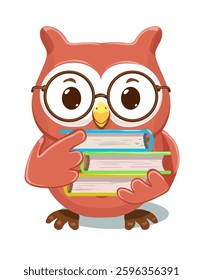 whimsical cartoon owl with round glasses, holding three stacked books, scholar theme illustration 