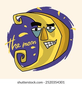A whimsical cartoon representation of the moon with a playful expression, featuring vibrant colors and a fun design