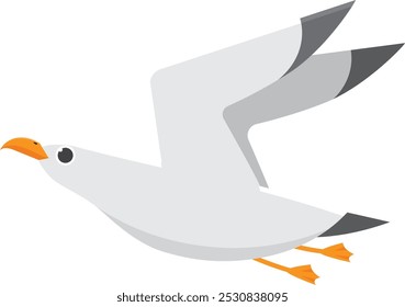 Whimsical cartoon seagull gracefully soars with spread wings. White body. Gray wingtips. And vibrant orange beak and feet