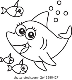 Whimsical Cartoon Shark with Bubbles and Smaller Fishies Creates a Playful Undersea Ambiance Appealing to Children and Emphasizing Simplicity and Joy in Aquatic Life Illustrations