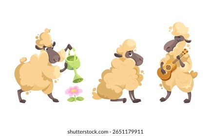 A whimsical cartoon sheep character adorned with various fun props and accessories