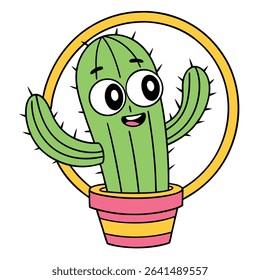 Whimsical cartoon shows a smiling, light green cactus with large eyes and small spines in a pink and yellow striped pot inside a yellow ring outline.