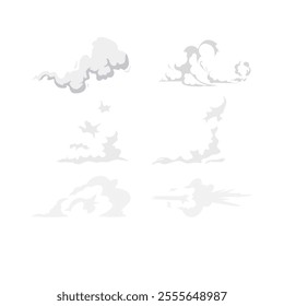 A whimsical cartoon smoke effect featuring soft, billowing clouds with light gray, white, and colorful streaks.