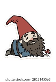 A whimsical cartoon sticker design featuring a deceased garden gnome with x-eyes lying on the ground beside a small mushroom