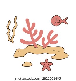 A whimsical cartoon style drawing featuring pink coral on a sandy seabed with a small fish and a starfish swimming nearby.