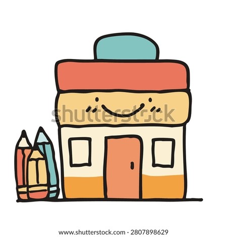 A whimsical cartoon style drawing of a happy school building accompanied by colored pencils isolated on white background