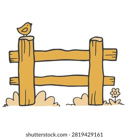 A whimsical cartoon style drawing of a rustic wooden fence featuring a small bird perched on a post and a tiny flower growing at the base