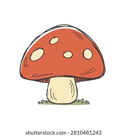 A whimsical cartoon style drawing of a single red mushroom with a tan stem and white spots on a white background
