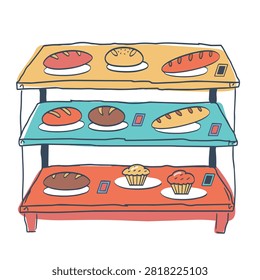 A whimsical cartoon style drawing of a three tiered wooden display shelf filled with various loaves of bread muffins and sweet baked goods