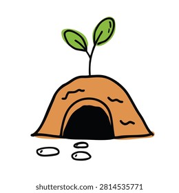 A whimsical cartoon style illustration of a small green plant sprouting from the top of an earthy brown mound with an entrance hole and small pebbles nearby.