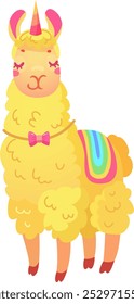 A whimsical cartoon style llama features a unicorn horn and a vibrant rainbow saddle. The llama is yellow with a charming bow showcasing a playful design.