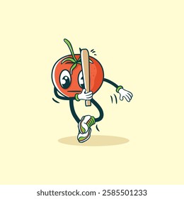 A whimsical cartoon tomato character with arms and legs holds a bat in a playful pose.