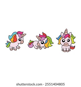 Whimsical Cartoon Unicorn Trio with Colorful Manes and Tails on White Background