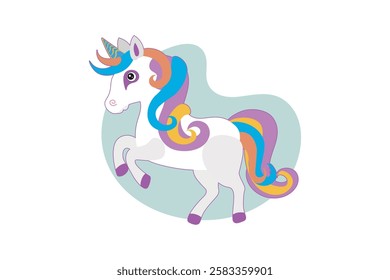 A whimsical cartoon unicorn with a vibrant rainbow mane and tail, featuring playful pink hooves and a multicolored horn, set against a soft pastel background. Perfect for kids' designs, party decorati