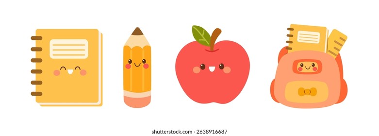 Whimsical cartoon vector of school essentials with friendly, happy expressions.
 Excellent for educational tools, kids' crafts, and classroom themes.

