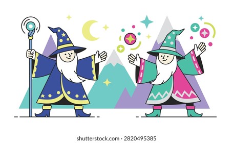 Whimsical cartoon wizards stand in front of geometric mountains while casting colorful magic spells in a starry night.