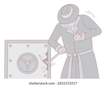 A whimsical, cartoonish character is attempting to violently force open a secure safe, symbolizing theft or burglary