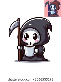 A whimsical, cartoonish Grim Reaper holding a scythe and a white mug, with a skull-like face and large round eyes, offering a friendly and playful take on the traditionally ominous figure.