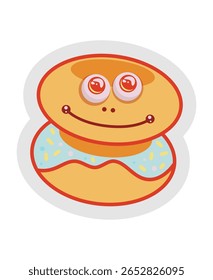 A whimsical, cartoon-style illustration featuring a smiling clam character with large, googly eyes, adorned with a pastel blue, sprinkled donut. Perfect for playful designs, children's content, or foo