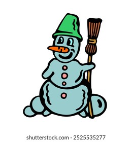 A whimsical cartoon-style snowman with a carrot nose and a green hat, holding a broomstick, set in a playful and cheerful winter scene.