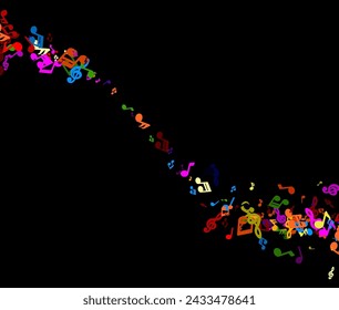 A whimsical cascade of colorful music notes drifts across a black canvas, portraying the playful dance of melodies in the silence of the night.