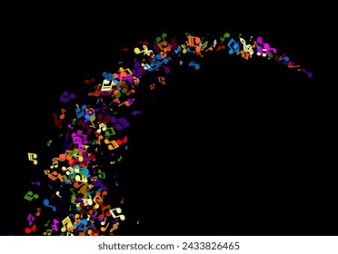 A whimsical cascade of colorful music notes drifts across a black canvas, portraying the playful dance of melodies in the silence of the night.