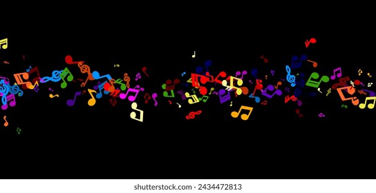 A whimsical cascade of colorful music notes drifts across a black canvas, portraying the playful dance of melodies in the silence of the night.