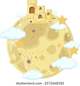 A whimsical castle atop a cratered moon