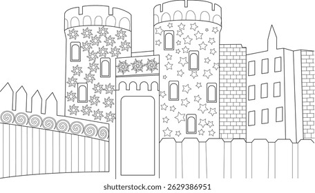 Whimsical Castle Line Art Illustration, Black and white line drawing of a stylized fantasy castle with towers, gate, decorative patterns, and a fence. Perfect as an illustration, coloring book page,