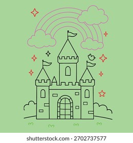Whimsical Castle with Rainbow, Clouds, Flags, Bird, and Sparkles  Black Line Art Fantasy Illustration on Green Background