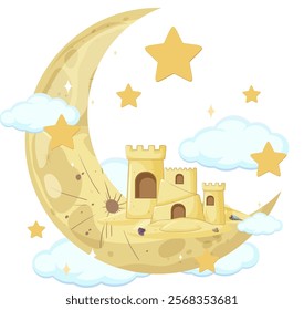 Whimsical castle resting on a crescent moon