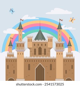 A whimsical castle with towers and flags stands under a vibrant rainbow, surrounded by clouds and butterflies. Ideal for fantasy themes, childrens stories, fairytales, dreamscapes, and imaginative