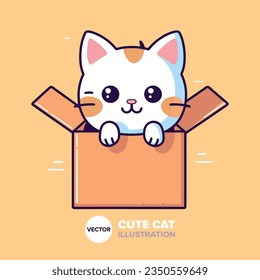 Whimsical Cat Box Play: Cartoon Icon Illustration in Flat Vector Style for Poster, Card, Prin