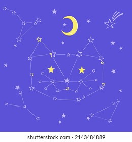 Whimsical cat constellation in starry night sky outer space vector illustration. Childish line art star kitten pyjamas party design cosmic poster.