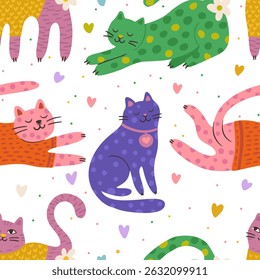 Whimsical Cat Cute Pet Seamless Pattern Love Heart Background Magic Vector Flat Quirky Dreamy Animal Wallpaper