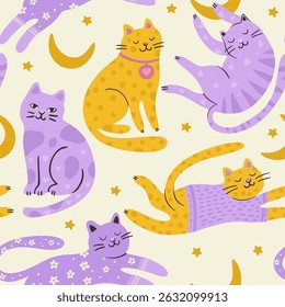 Whimsical Cat Cute Pet Seamless Pattern Star Moon Good Night Background Vector Flat Quirky Dreamy Animal Wallpaper