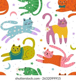 Whimsical Cat Cute Pet Seamless Moon Star Pattern Background Vector Flat Quirky Dreamy Animal Wallpaper Pajama Print