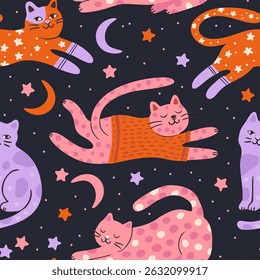 Whimsical Cat Cute Pet Seamless Moon Star Pattern Background Vector Flat Quirky Dreamy Animal Wallpaper Pajama Print