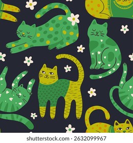 Whimsical Cat Cute Pet Seamless Pattern Background Vector Flat Quirky Dreamy Animal Wallpaper